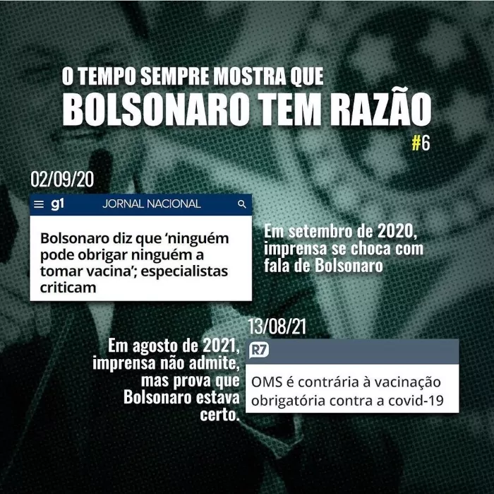 Imagem de chamada para Bolsonaro tinha razão: "ninguém pode obrigar ninguém a tomar vacina"