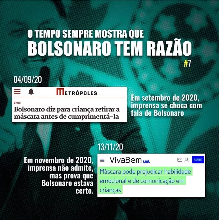 Imagem de chamada para Bolsonaro tinha razão: "máscara prejudica desenvolvimento infantil"