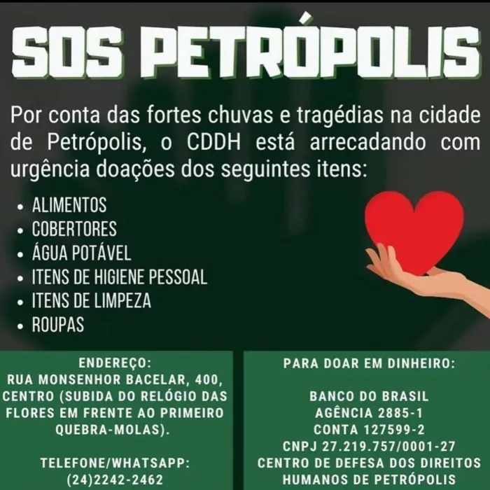 Contas para doação para ajudar as vítimas de Petrópolis - RJ