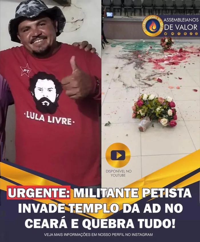 Imagem de chamada para Vídeo: petista ligado a Lula invade e destrói igreja Assembléia de Deus